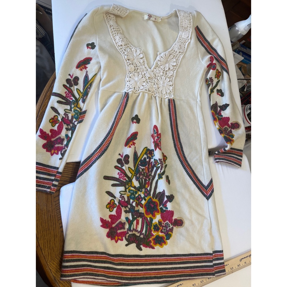 Aryeh Knit Dress Cream Floral Lace V Neck Long Sleeve Size‎ S
